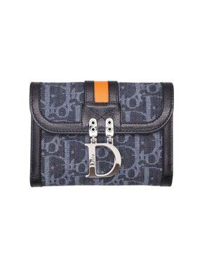 Dior Bifold Wallet Compact Trotter Line Navy Black Orange